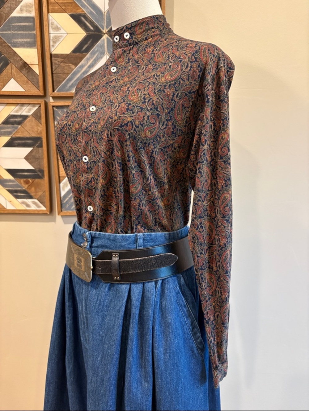Vintage Ralph Lauren Blue Label 90s Paisley Cotton Button-Up High Neck Top Small - Picture 4 of 10